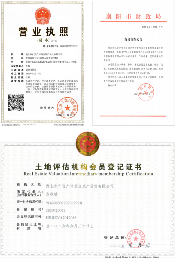 華仁資產(chǎn)評估房地產(chǎn)估價有限公司營業(yè)執(zhí)照、資產(chǎn)評估備案公告、土地評估機構(gòu)登記證書